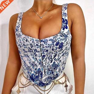 Woman Corset Tops Summer Porcelain Pattern Vest Sleeveless S