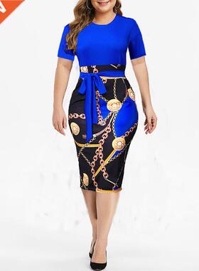 Vintage Print Plus Size Knee-length Dress Womens Summer Shor