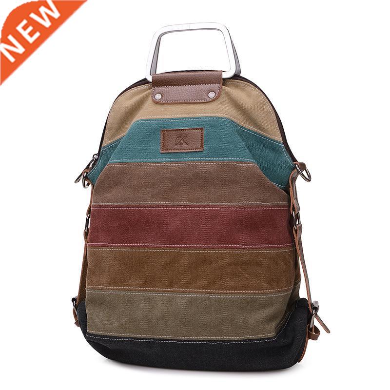 Panelled Sripe Canvas Backpack Women Vintage Female Backpac
