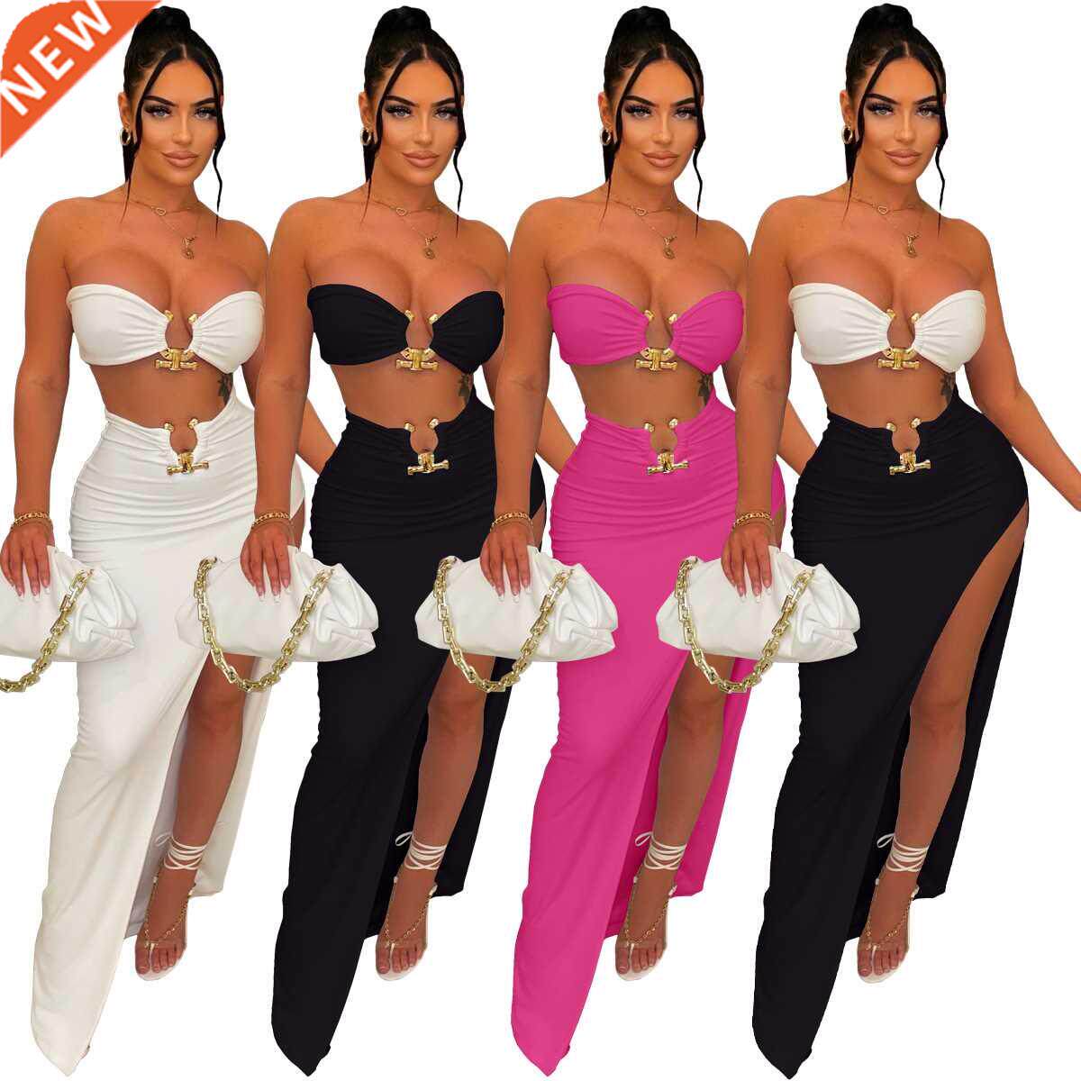 Two Piece Set Women Party Dress Strapless Crop Top Maxi Skir