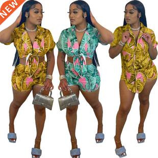 Leaves Prnt Two Pece Set Women Short Sleeve Button Shrts