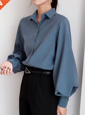 Women blouse vintage Turn-down Collar Spring Autumn Lantern