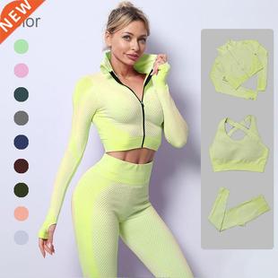 Set Gym Top Women Hig Crop Yoga LongSve Seamless Clothing