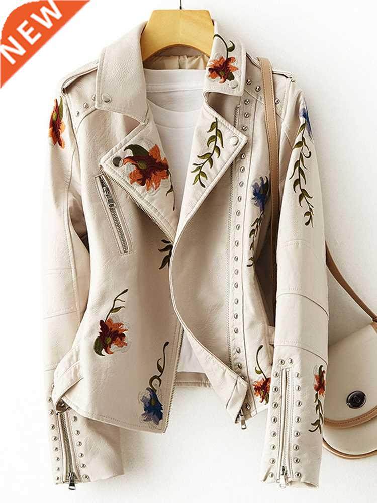 FTLZZ New Women Retro Floral Print Embroidery Faux Soft Leat