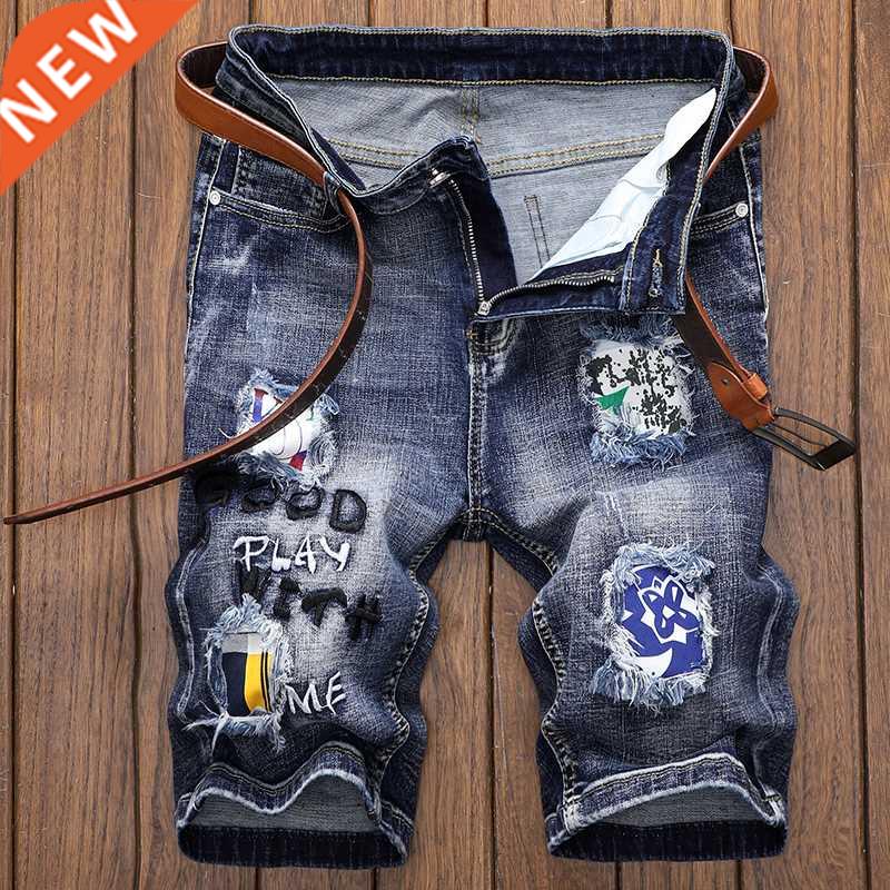 Summer New Men	s Denim Shorts Washed Retro Fun Graffiti P