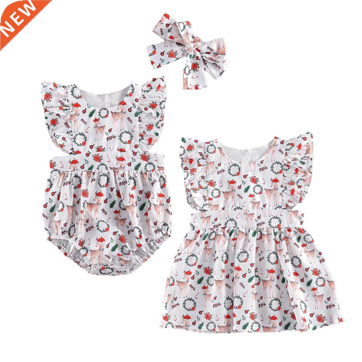 Christmas Infant Baby Girls Deer Print Flared Short Sleeve R