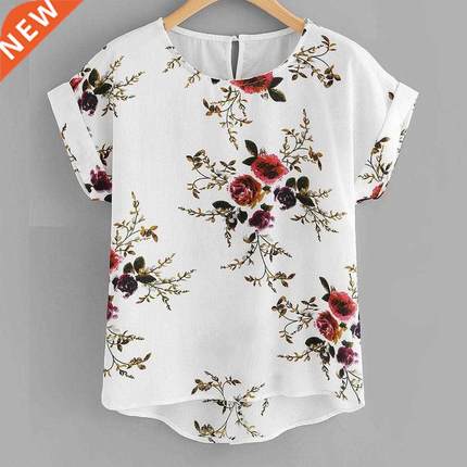 Summer Fashion Floral Print Blouse Pullover Ladies O-Neck Te