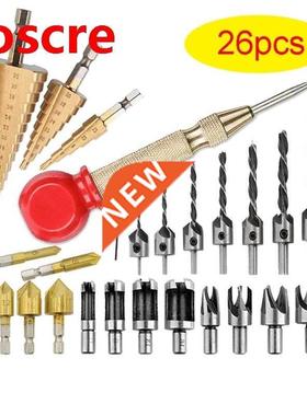 26PCS Woodworking Chamfer Drilling Tools,Three Pointed Count