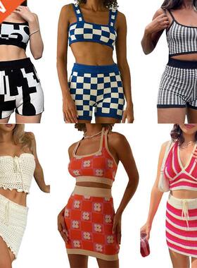 Chic Women 2 Piece Knitted Clothes Set Vintage Plaid Sleevel