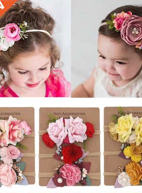 3Pcs Pearl Flower ay Headand Infant Girl Nylon Elastic Ha
