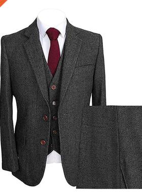 Mens Herringbone Suits 3 Piece Groom Wool Formal Work Busin