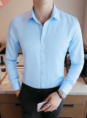 New Fashion Mens Dress Shirts Long Sleeve Shirt Solid Slim F