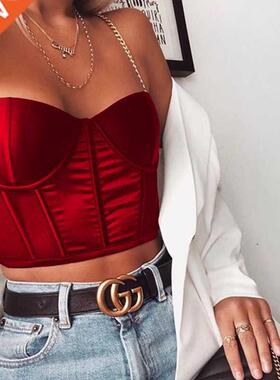 90s Women Corset Top Chain Strap Padded ustier Cropped Summ