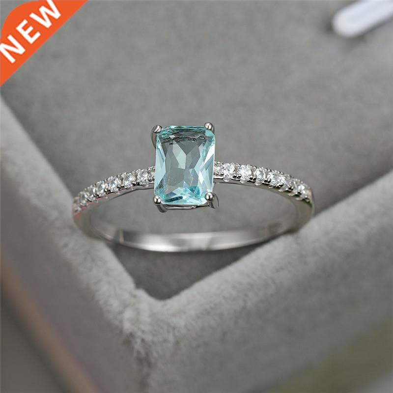 Rectangle Aquamarine Lab Gemstone Ring Light Blue Zircon Geo