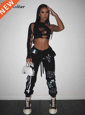 Hugcitar Women Solid Single Shoulder Long Sleeves Hollow Out