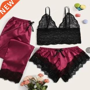home wear comfortable Two pajama black lace set piece