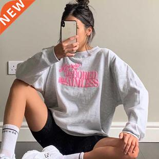 Light Gray Pink Letters Printing Oversized Sweatshirt Women