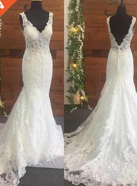 Angelsbridep V-Neck Tulle Mermaid Wedding Dress Vestidos De