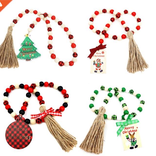 Christmas Plaid Wooden Bead Garland with Rustic Tassels Xmas