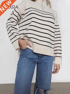 Striped Casual Split Women Neck Sweater Mock Wixra Zipper