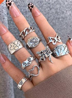 6Pcs Vintage Gothic Butterfly Angle Flower Multi Element Rin