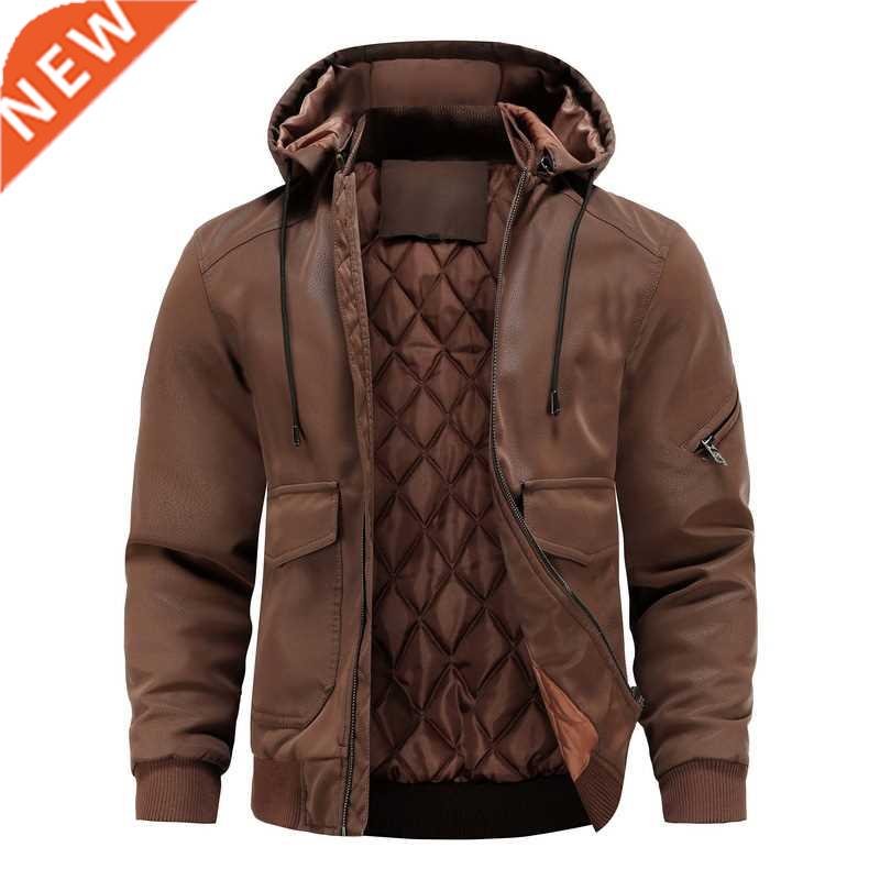 Winter Casual Faux Leather Thick Warm Hood Motorcycle Jacket