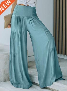 ZANZEA Women	s Wide Leg Pants 2022 Summer Pleated Patchwo