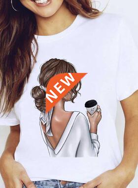 Women Graphic Coffee Sweet Girl Cartoon Short Sleeve Spring