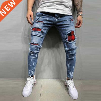 New Men's Skinny Jeans Quilted Embroidered jeans Ripped Grid