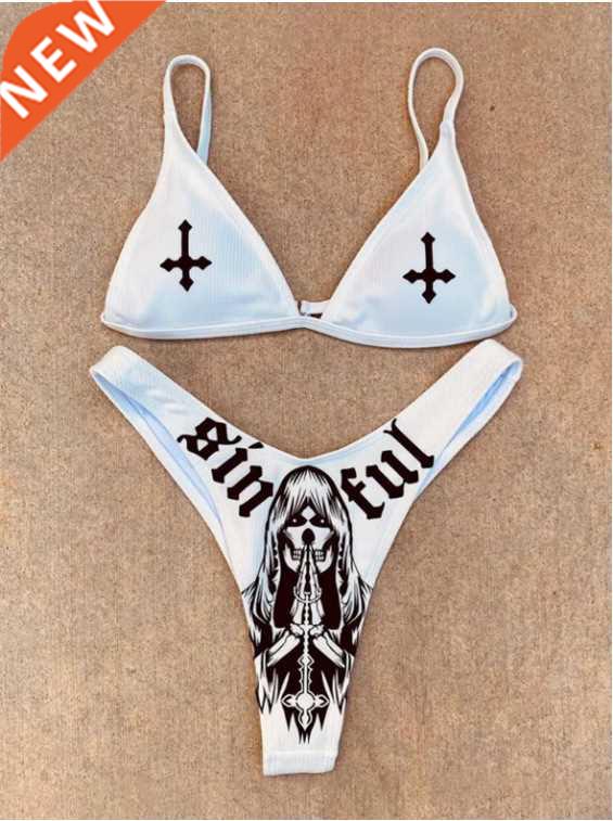 Women Funny Letters Print 2Pcs Bikini Suits Deep V-neck Deta