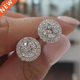 Round Stud Earrings Female Silver Crystal Vintage Col Luxury