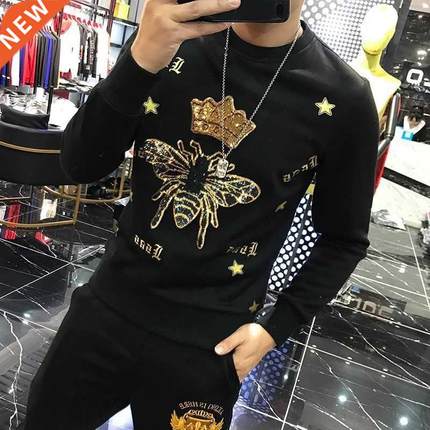 Autumn nd Bee Crown Embroidered Slim O-neck Pullover Sweatsh