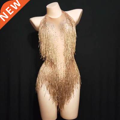 5 Colors Spark Gold Rhinestones Tassel Bodysuit One Piece