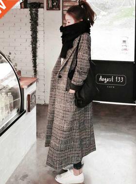 Women plaid long coat long sleeve woollen overcoat loose out