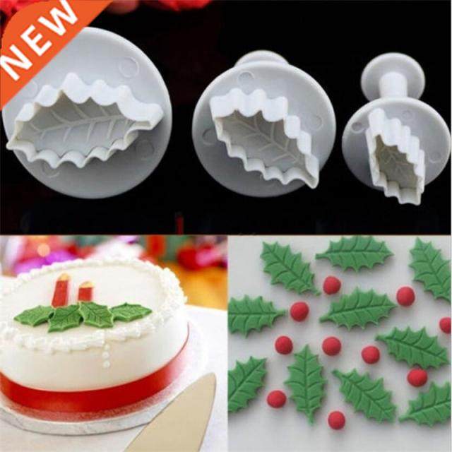 3 Pc/Set 3D Christmas Holly Leaf Leaves Cookie Plunger Cutte