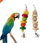 Hanging Rattan Blocks with Chewing Balls Toy Wooden Parrot