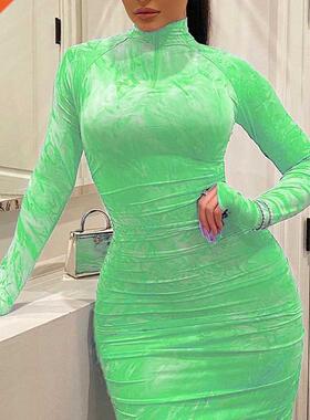 Women's Bodycon Dress 2021 Pleated Elegant Long Sleeve Party