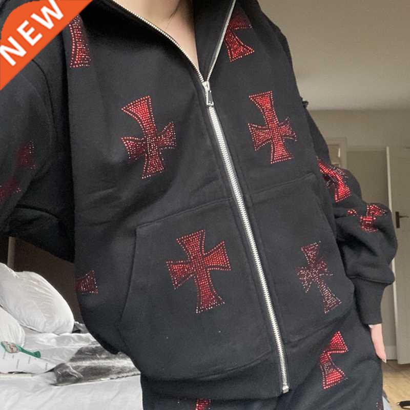 Retro Rhinestone Y2K graphics Hoodies Female Zip Up Long Sle