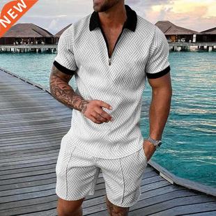 Men's Tracksuit Casual Short Sleeve Zipper Shirt&Shorts