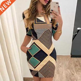 fashion print round elegant nec slim dress sleeved new short