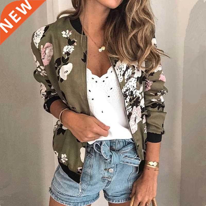 Women Floral Printed Jackets Spring Autumn Long Sleeve Zippe