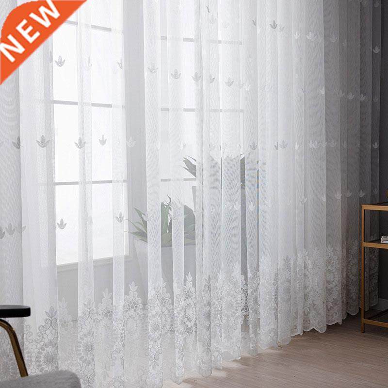 Embroidered Floral White Tulle Window Screen Curtain for Liv