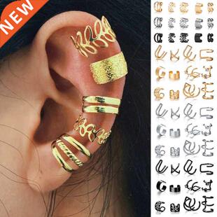 17KM Gold Leaves Ear Cuff Black Non-Piercing Ear Clips Fake