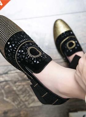 Brand Noble Black Rhinestone Men Dress Shoes Velvet Crystal