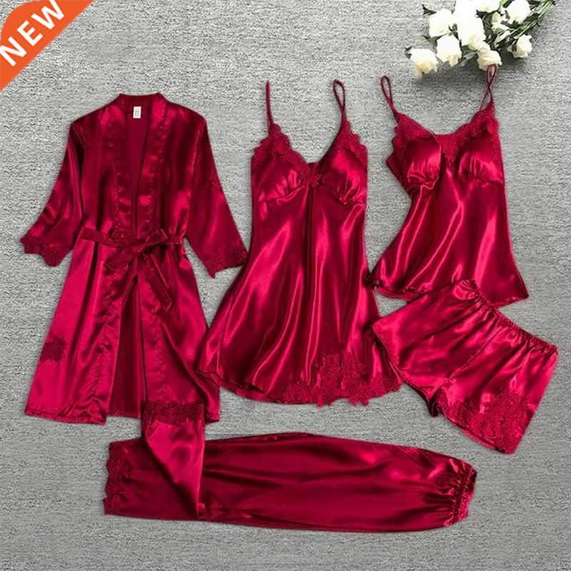 pwear Female 5/4/2PCS Pajamas Set Satin Pyjamamas Lace Pa,商业/办公家具,商业美陈,淘宝优惠券,粉丝福利购,淘宝优惠卷