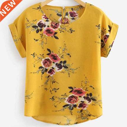 Summer Fashion Floral Print Blouse Pullover Ladies O-Neck Te