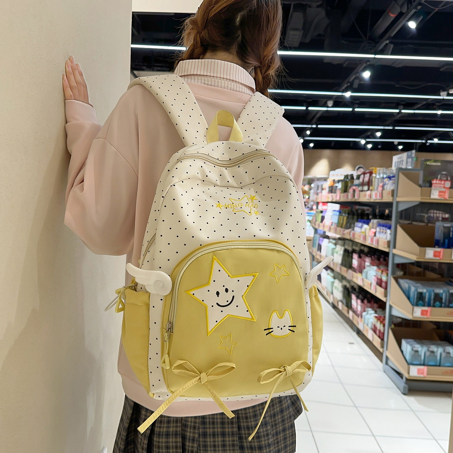 可爱甜美少女双肩包女学生上课百搭书包韩系学院风蝴蝶结波点背包