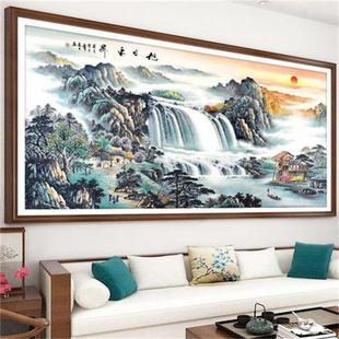 旭日东升纯手工绣好 十字绣成品客厅山水画风景画流水生财手工