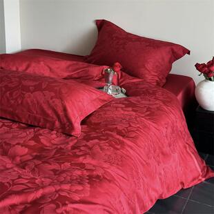 牡丹雍容 提花大气婚庆结婚四件套全棉纯棉大红色贡缎床上用品