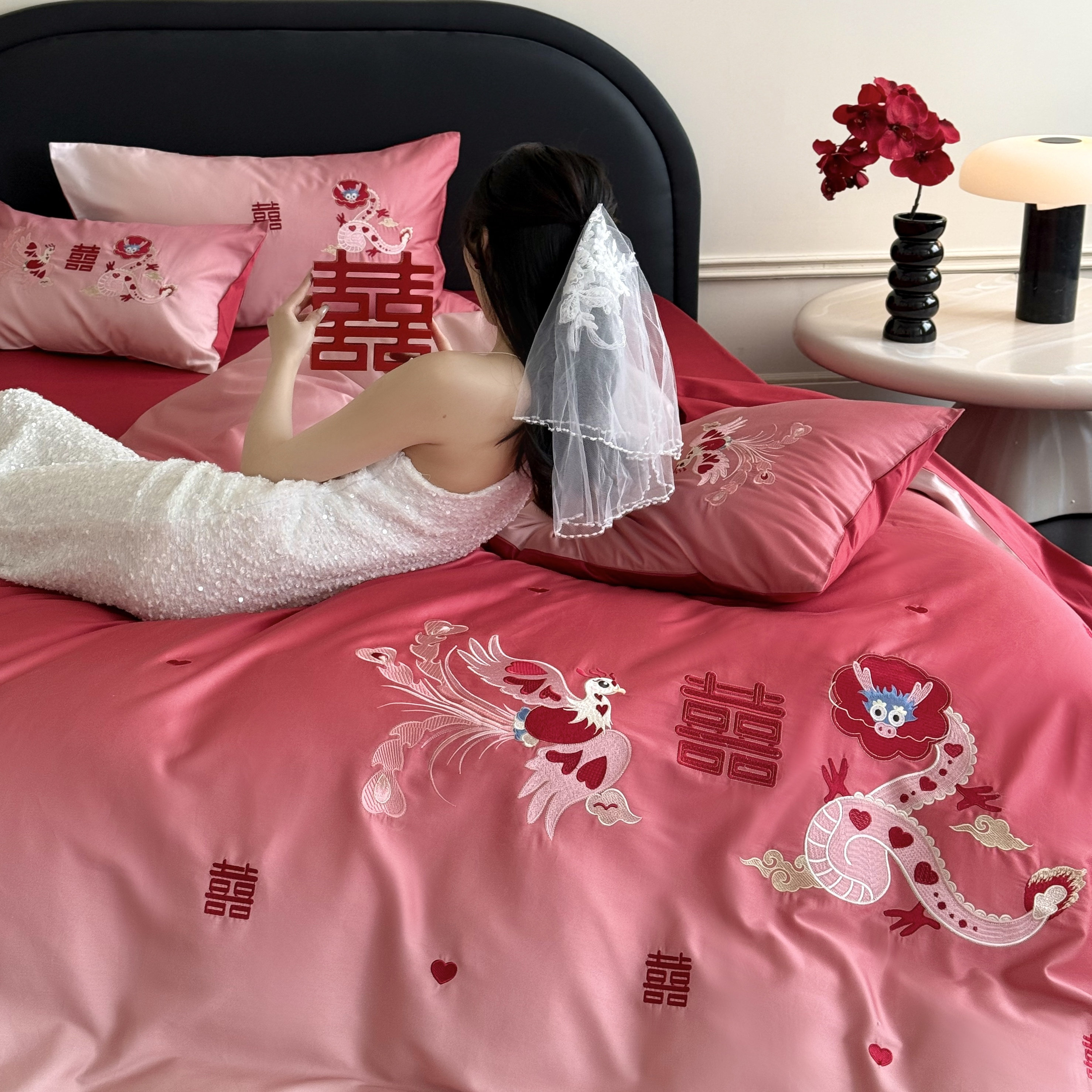 结婚四件套渐变色龙凤 年轻人的婚庆全棉纯棉四五六件套床上用品